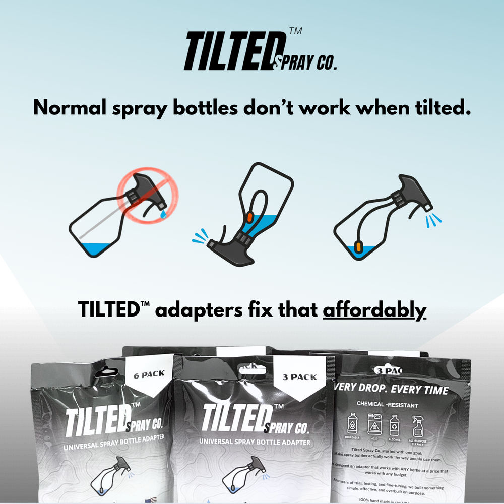 Advertisement for TILTED Spray Co. adapters showing their effectiveness in correcting spray issues with normal bottles.