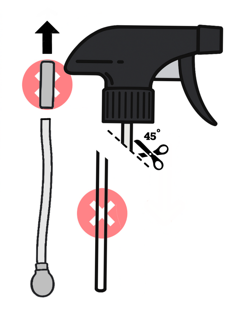 Some Sprayer heads have smaller diameter tubing. Simply trim the original tubing 1 inch from the top, remove the cup adapter and blue tubing (you won't be needing it for these sprayer heads), and slip the silicone and weight straight over the top. Step 5  will show what that looks like.